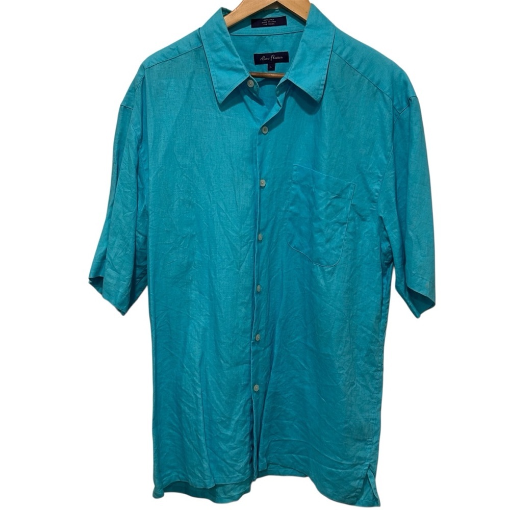 Alan Flusser Vibrant Turquoise 100% Linen Short Sleeve Casual Button Up Shirt Lg